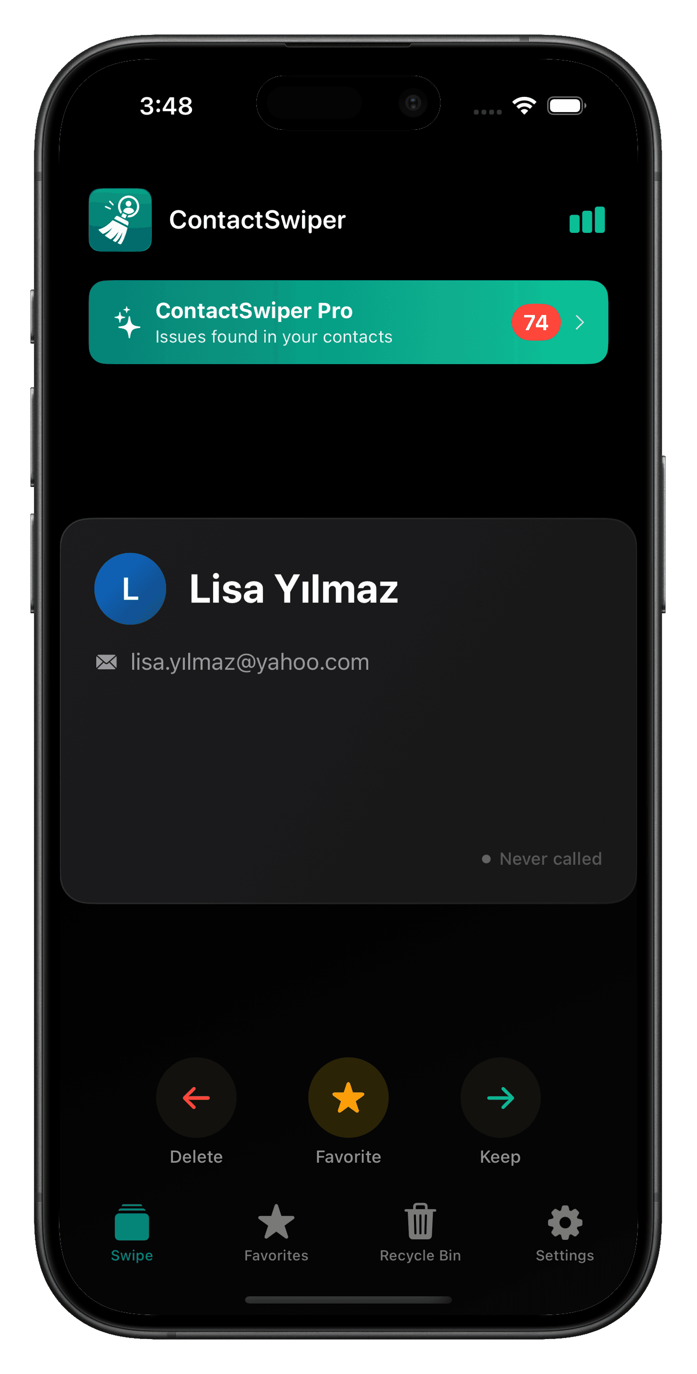 Cleanup hub showing swipe actions