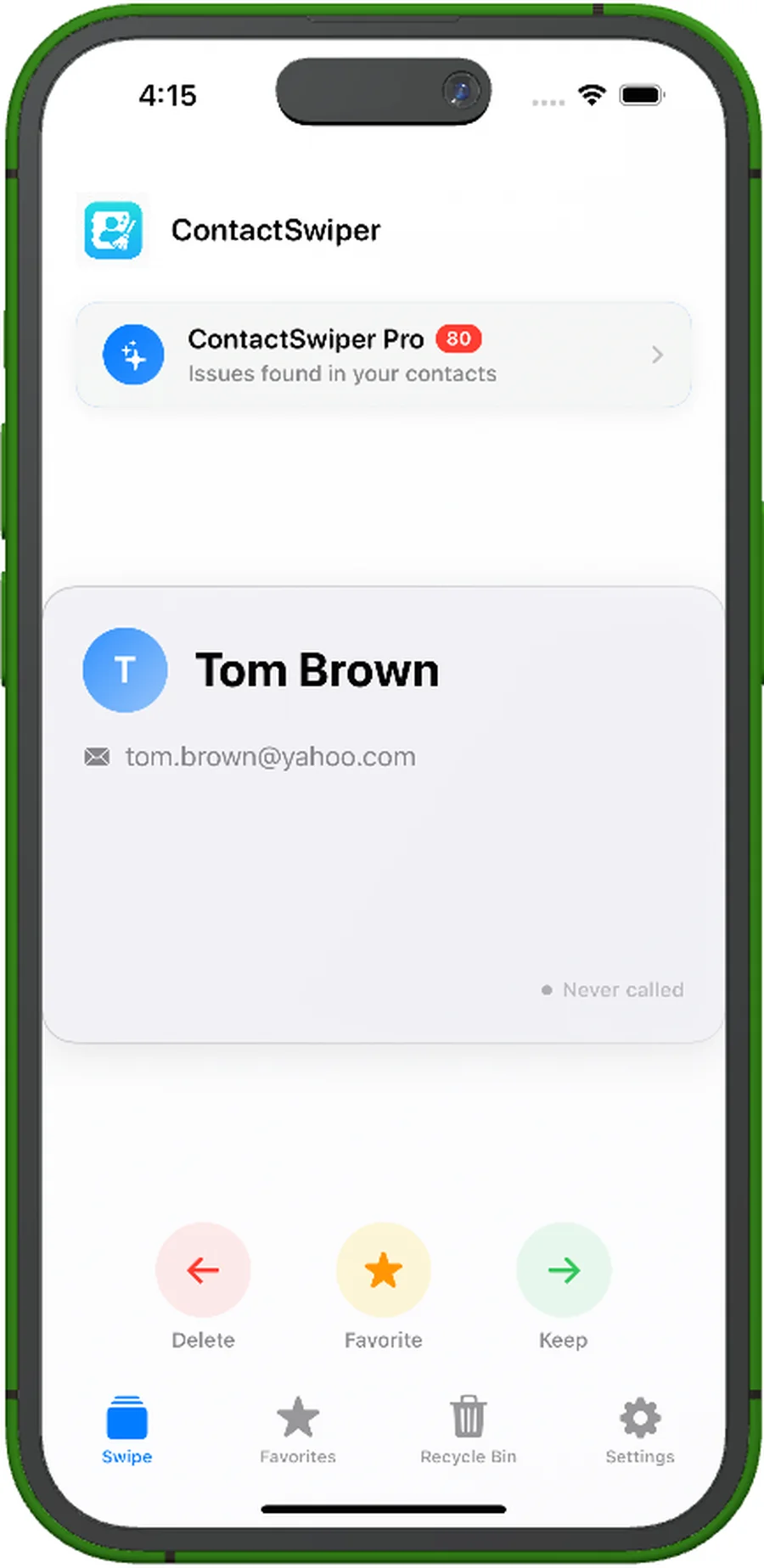 ContactSwiper cleanup hub screen
